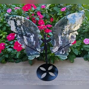 Green Moss Agate Crystal Butterfly Wings on Stand